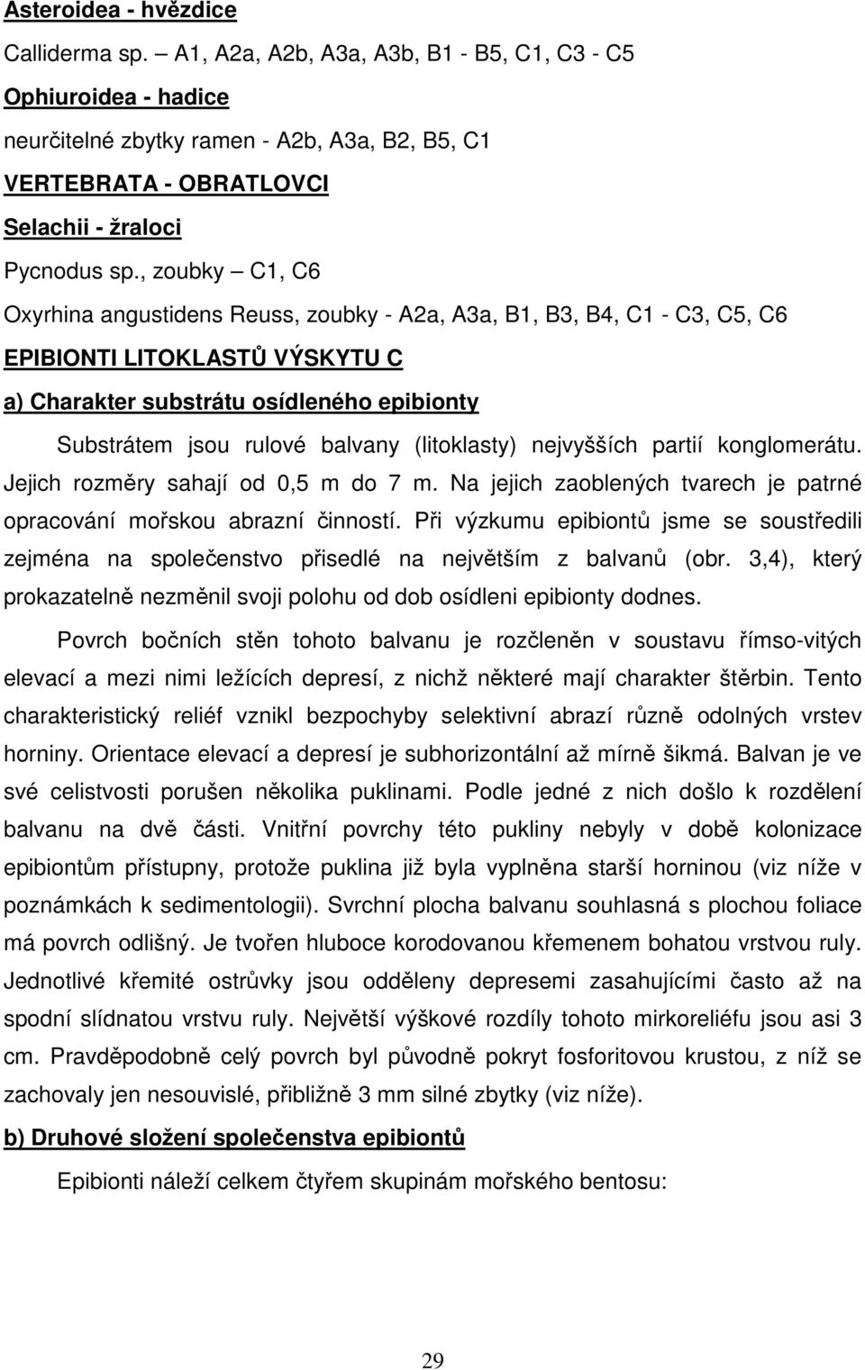 , zoubky C1, C6 Oxyrhina angustidens Reuss, zoubky - A2a, A3a, B1, B3, B4, C1 - C3, C5, C6 EPIBIONTI LITOKLASTŮ VÝSKYTU C a) Charakter substrátu osídleného epibionty Substrátem jsou rulové balvany