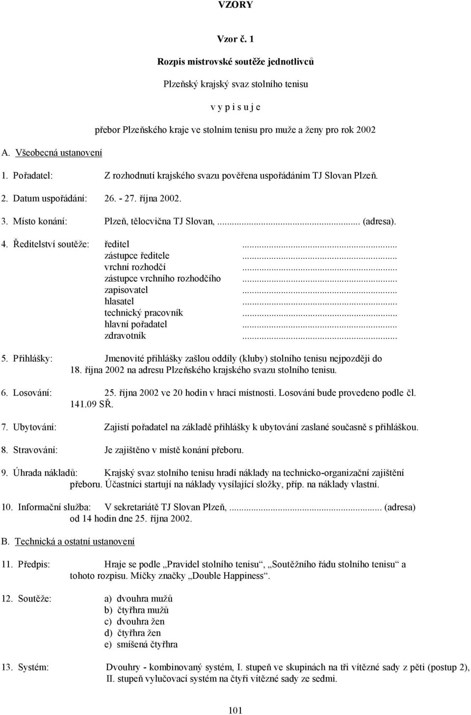 Pořadatel: Z rozhodnutí krajského svazu pověřena uspořádáním TJ Slovan Plzeň. 2. Datum uspořádání: 26. - 27. října 2002. 3. Místo konání: Plzeň, tělocvična TJ Slovan,... (adresa). 4.