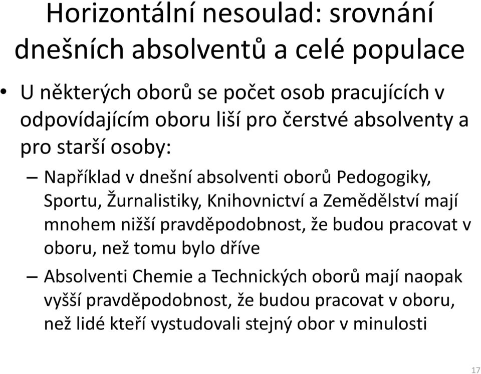 Knihovnictví a Zemědělství mají mnohem nižší pravděpodobnost, že budou pracovat v oboru, než tomu bylo dříve Absolventi Chemie a