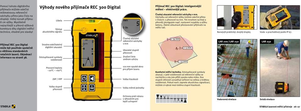 Výhody nového přijímače REC 300 Digital Libela Výstup akustického signálu Přijímač REC 300 Digital: inteligentnější měření efektivnější práce. Číselný ukazatel referenční odchylky v mm.