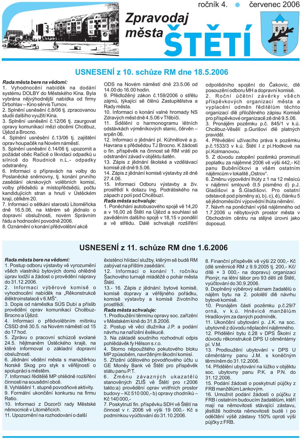 zaurgovat opravy komunikací mezi obcemi Chcebuz, Újezd a Brocno. 4. Splnìní usnesení è.13/06 tj. zajištìní oprav houpaèek na Novém námìstí. 5. Splnìní usnesení è.14/06 tj.