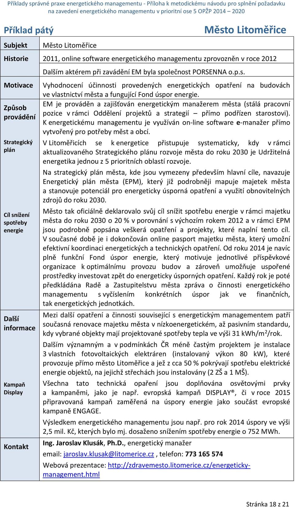 EM je prováděn a zajišťován energetickým manažerem města (stálá pracovní pozice v rámci Oddělení projektů a strategií přímo podřízen starostovi).