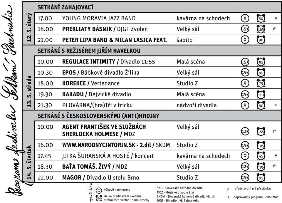 30 KAKADU / Dejvické divadlo Malá scéna 15+ 110 21.30 PLOVÁRNA/(bra)Tři v tricku nádvoří divadla X 60 12+ 155 15+ 105 X 45 10.00 AGENT FRANTIŠEK VE SLUŽBÁCH SHERLOCKA HOLMESE / MDZ Velký sál 16.