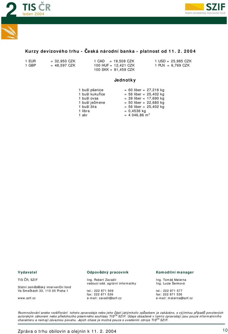 = 56 liber = 25,402 kg 1 bušl ovsa = 39 liber = 17,690 kg 1 bušl ječmene = 50 liber = 22,680 kg 1 bušl žita = 56 liber = 25,402 kg 1 libra = 0,4536 kg 1 akr = 4 046,86 m 2 Vydavatel TIS ČR, SZIF