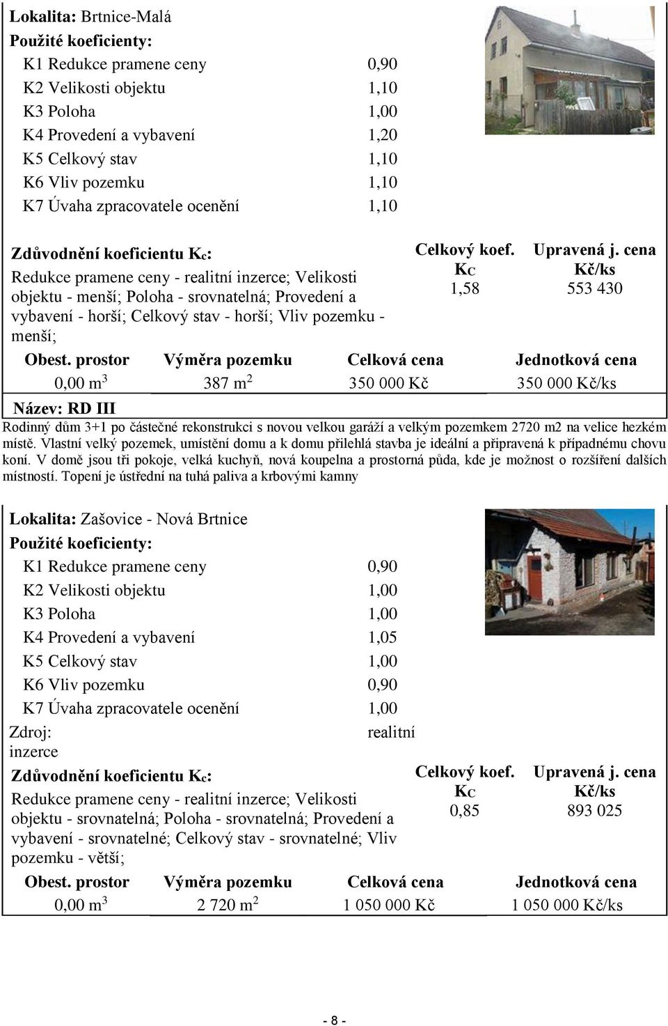 pozemku - menší; Celkový koef. KC 1,58 Upravená j. cena Kč/ks 553 430 Obest.