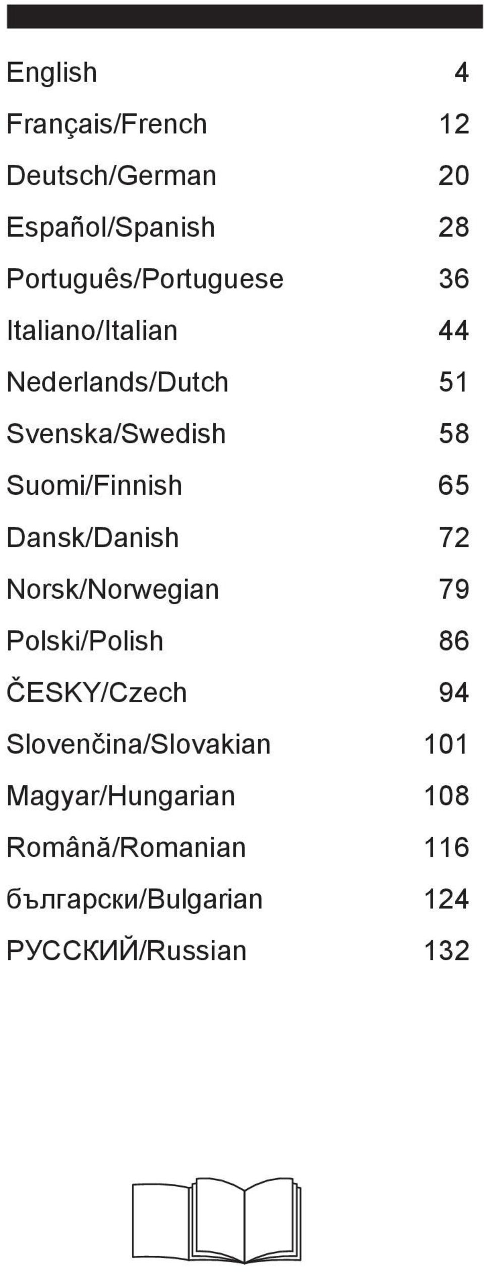 Suomi/Finnish 65 Dansk/Danish 72 Norsk/Norwegian 79 Polski/Polish 86 ČESKY/Czech 94