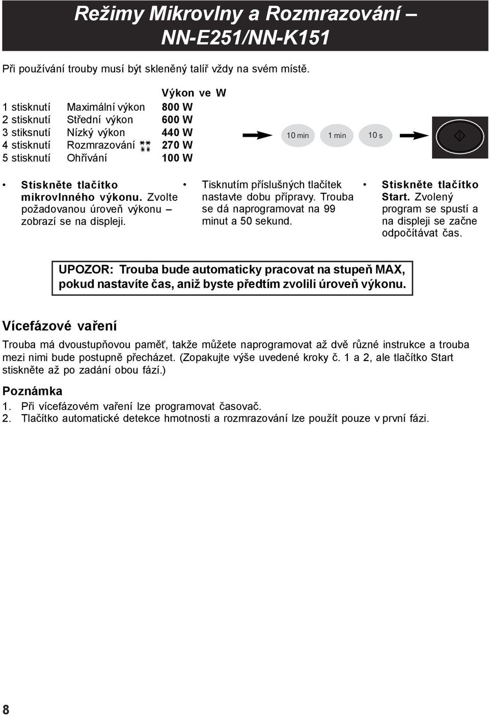 tlačítko mikrovlnného výkonu. Zvolte požadovanou úroveň výkonu zobrazí se na displeji. Tisknutím příslušných tlačítek nastavte dobu přípravy. Trouba se dá naprogramovat na 99 minut a 50 sekund.