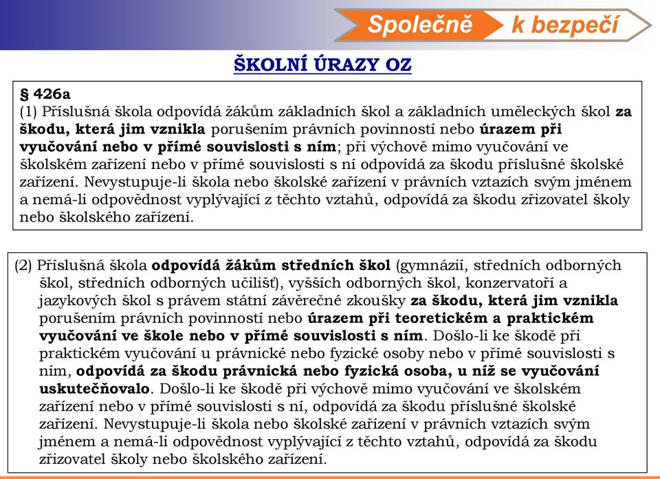 Nevystupuje-li škola nebo školské zařízení v právních vztazích svým jménem a nemá-li odpovědnost vyplývající z těchto vztahů, odpovídá za škodu zřizovatel školy nebo školského zařízení.