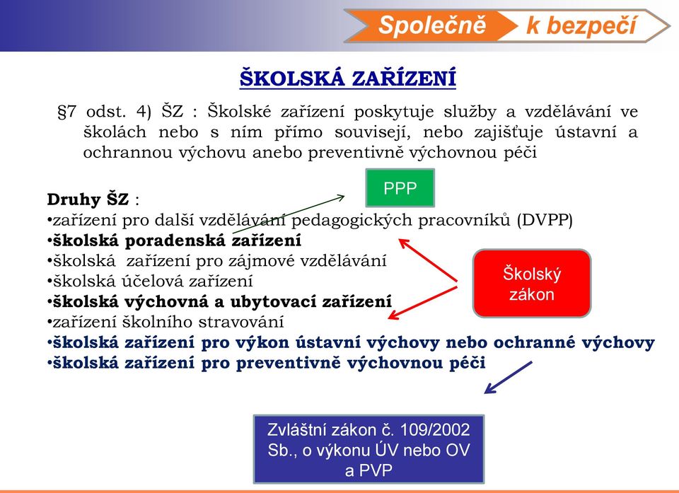 preventivně výchovnou péči PPP Druhy ŠZ : zařízení pro další vzdělávání pedagogických pracovníků (DVPP) školská poradenská zařízení školská zařízení pro