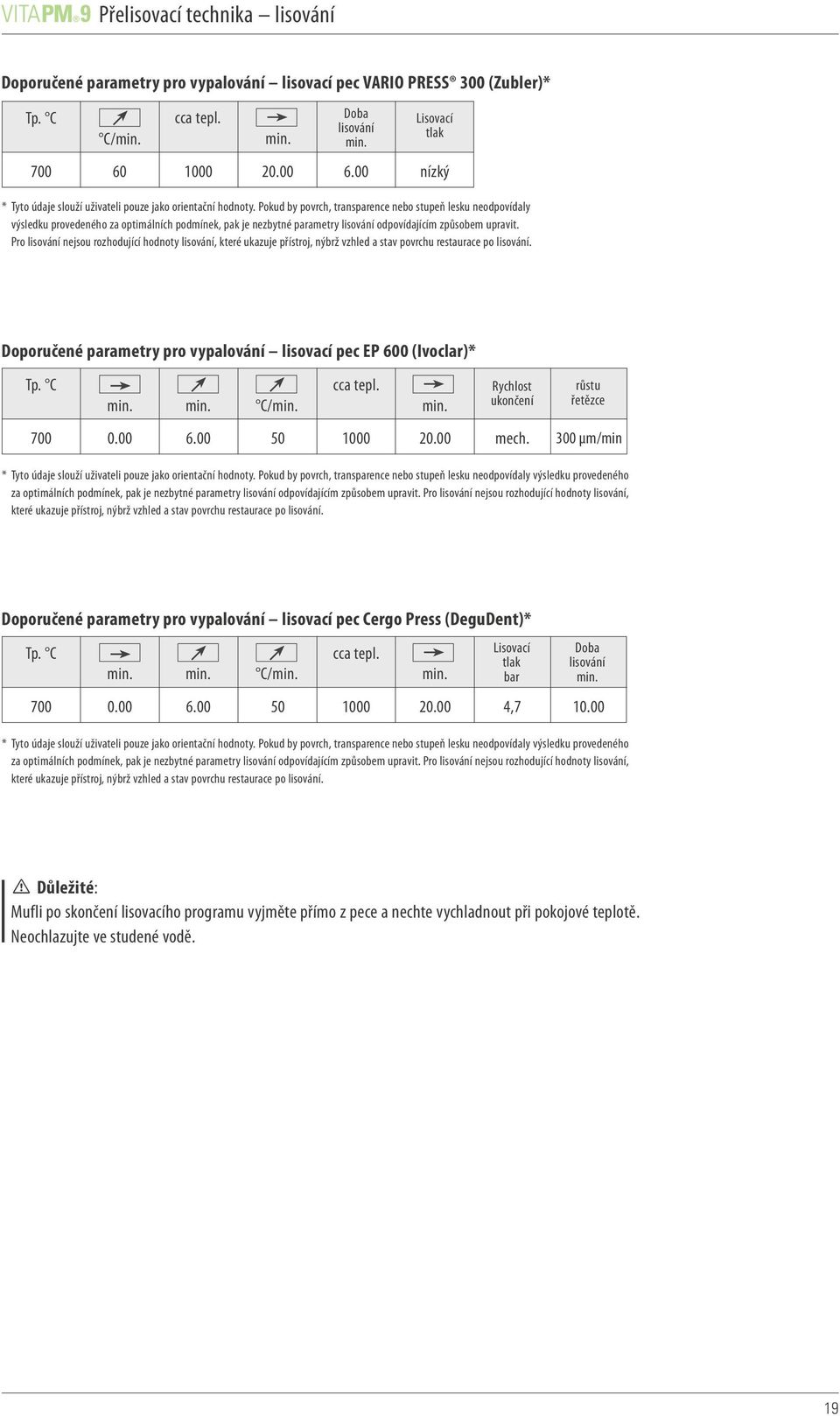 Pokud by povrch, transparence nebo stupeň lesku neodpovídaly výsledku provedeného za optimálních podmínek, pak je nezbytné parametry lisování odpovídajícím způsobem upravit.