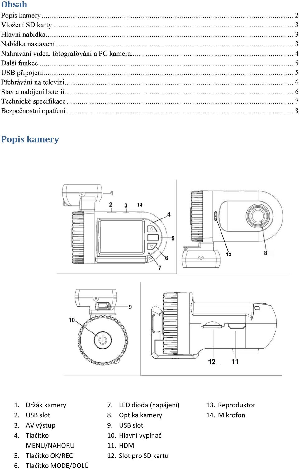 .. 7 Bezpečnostní opatření... 8 Popis kamery 14 13 1. Držák kamery 2. USB slot 3. AV výstup 4. Tlačítko MENU/NAHORU 5.