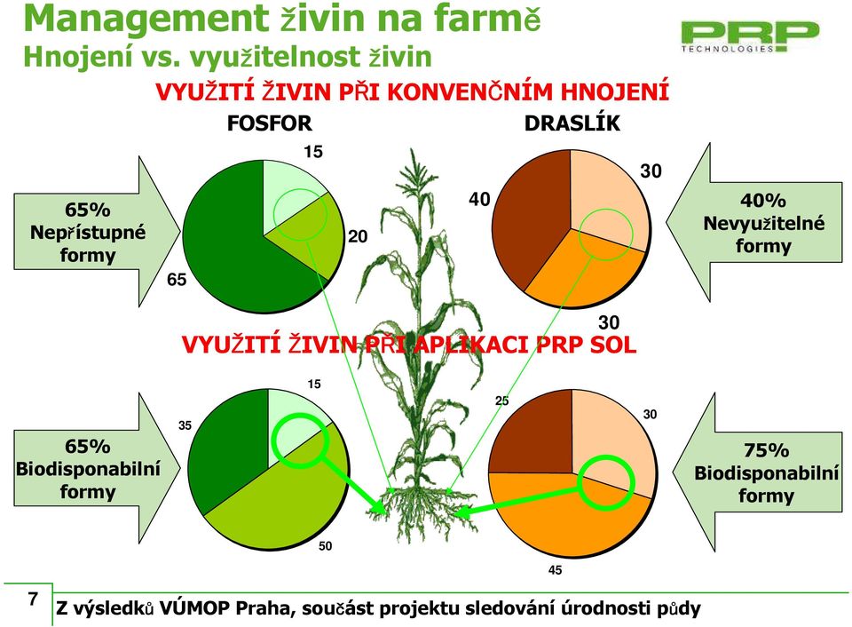 FOSFOR 15 20 40 DRASLÍK 30 40% Nevyužitelné formy VYUŽITÍ ŽIVIN PŘI APLIKACI PRP SOL