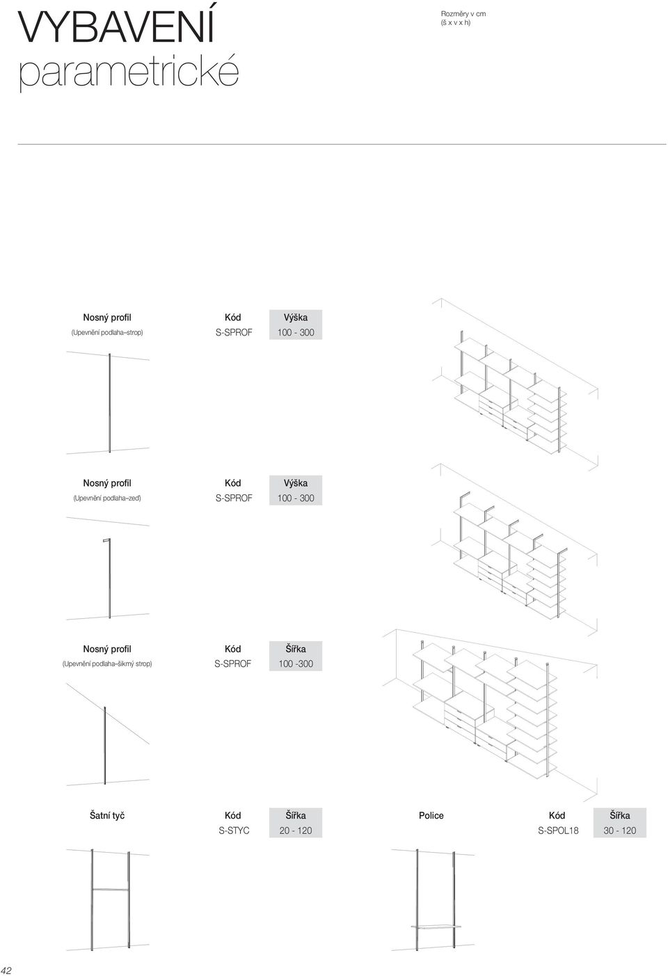 podlaha zeď) S-SPROF 100-300 Nosný profil Kód Šířka (Upevnění podlaha šikmý