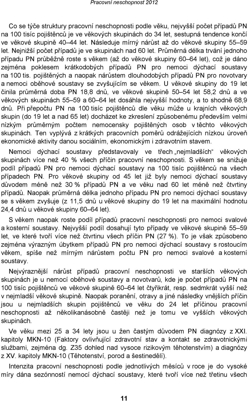 Průměrná délka trvání jednoho případu PN průběžně roste s věkem (až do věkové skupiny 60 64 let), což je dáno zejména poklesem krátkodobých případů PN pro nemoci dýchací soustavy na 100 tis.