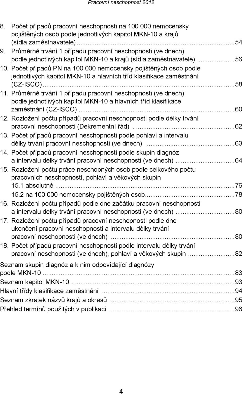 Počet případů PN na 100 000 nemocensky pojištěných osob podle jednotlivých kapitol MKN-10 a hlavních tříd klasifikace zaměstnání (CZ-ISCO)...58 11.