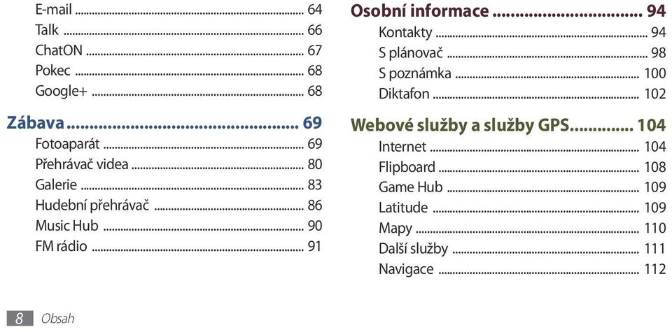 .. 94 S plánovač... 98 S poznámka... 100 Diktafon... 102 Webové služby a služby GPS... 104 Internet.