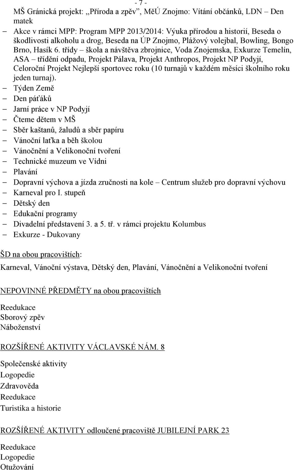 třídy škola a návštěva zbrojnice, Voda Znojemska, Exkurze Temelín, ASA třídění odpadu, Projekt Pálava, Projekt Anthropos, Projekt NP Podyjí, Celoroční Projekt Nejlepší sportovec roku (10 turnajů v