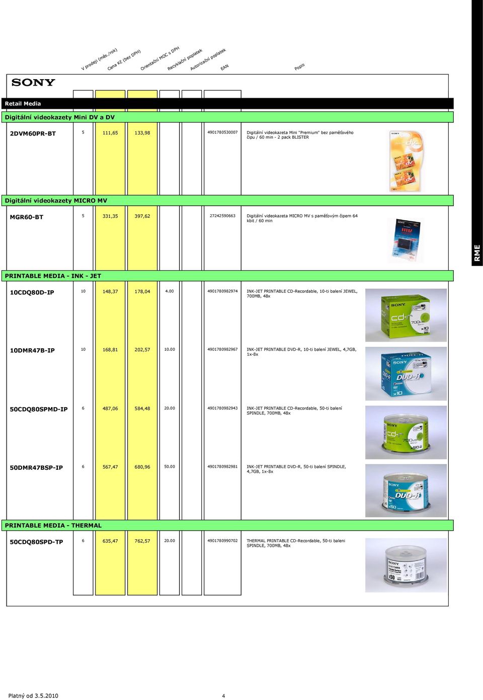 00 4901780982974 INK-JET PRINTABLE CD-Recordable, 10-ti balení JEWEL, 700MB, 48x 10DMR47B-IP 10 168,81 202,57 10.