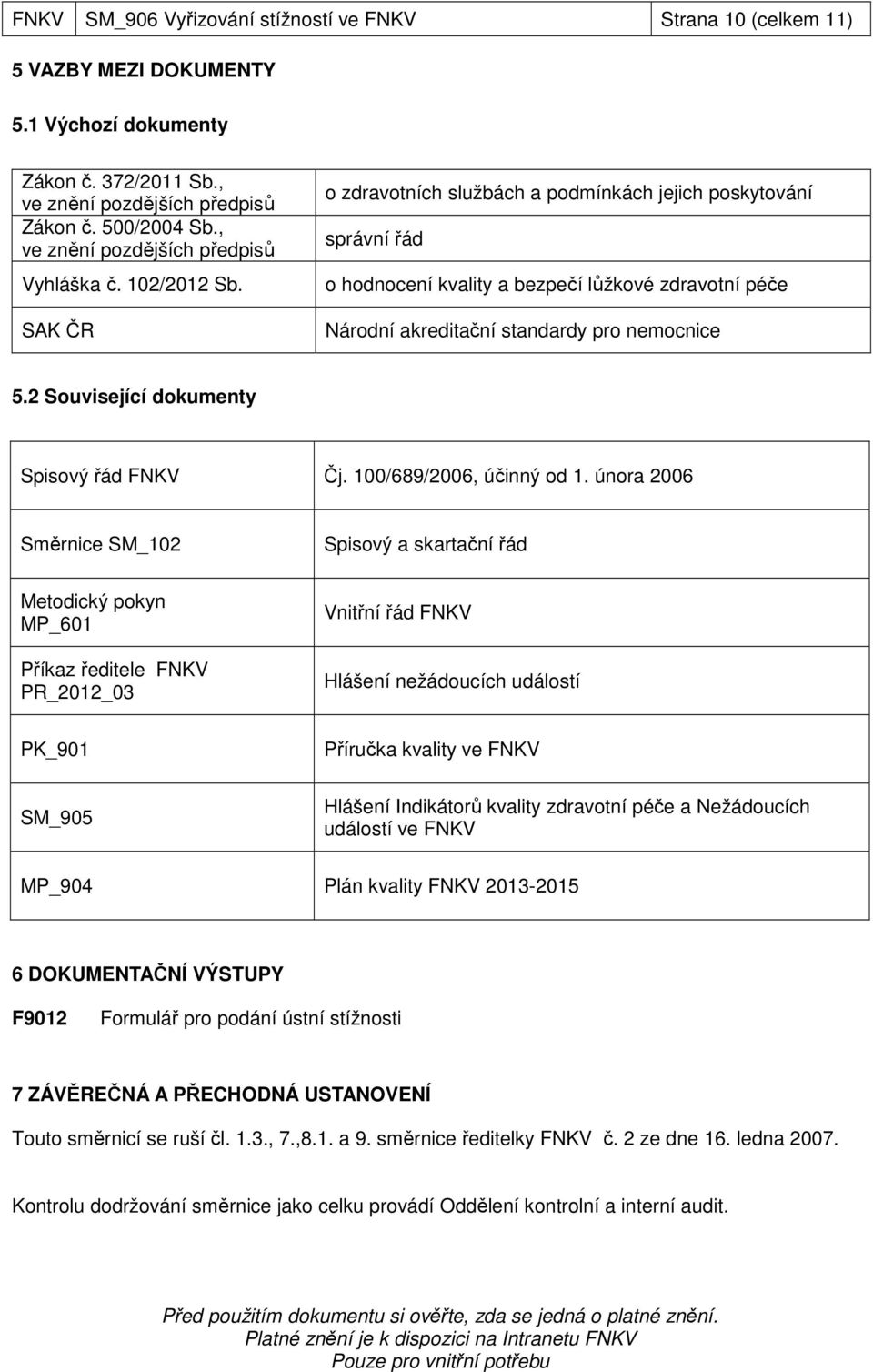 SAK ČR o zdravotních službách a podmínkách jejich poskytování správní řád o hodnocení kvality a bezpečí lůžkové zdravotní péče Národní akreditační standardy pro nemocnice 5.