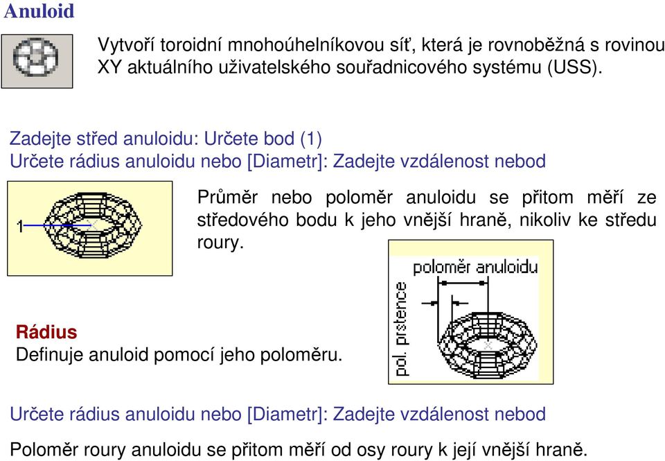 Zadejte střed anuloidu: Určete bod (1) Určete rádius anuloidu nebo [Diametr]: Zadejte vzdálenost nebod Průměr nebo poloměr anuloidu