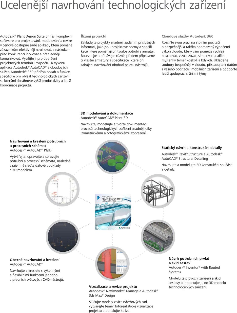 K výkonu aplikace Autodesk AutoCAD a cloudových služeb Autodesk 360 přidává obsah a funkce specifické pro oblast technologických zařízení, se kterými dosáhnete vyšší produktivity a lepší koordinace