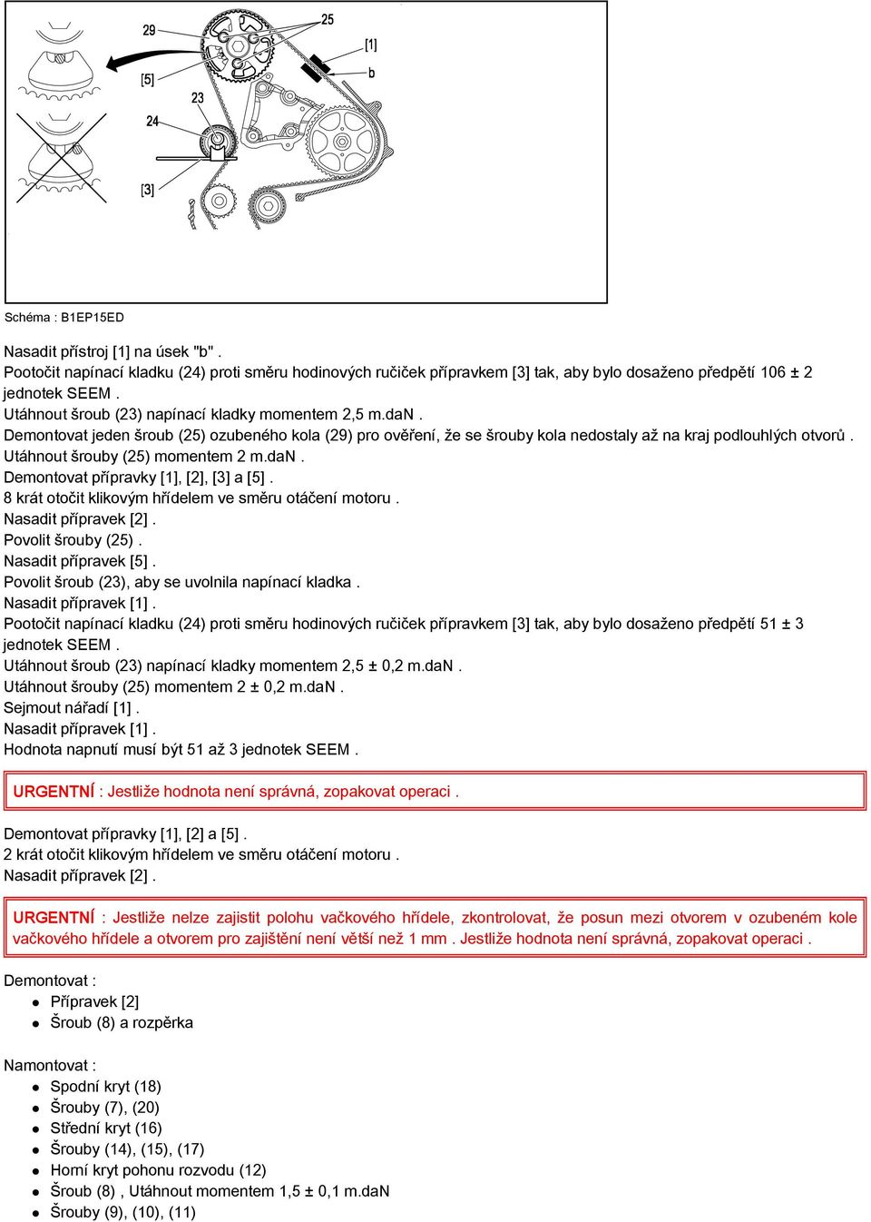 Utáhnout šrouby (25) momentem 2 m.dan. Demontovat přípravky [1], [2], [3] a [5]. 8 krát otočit klikovým hřídelem ve směru otáčení motoru. Nasadit přípravek [2]. Povolit šrouby (25).