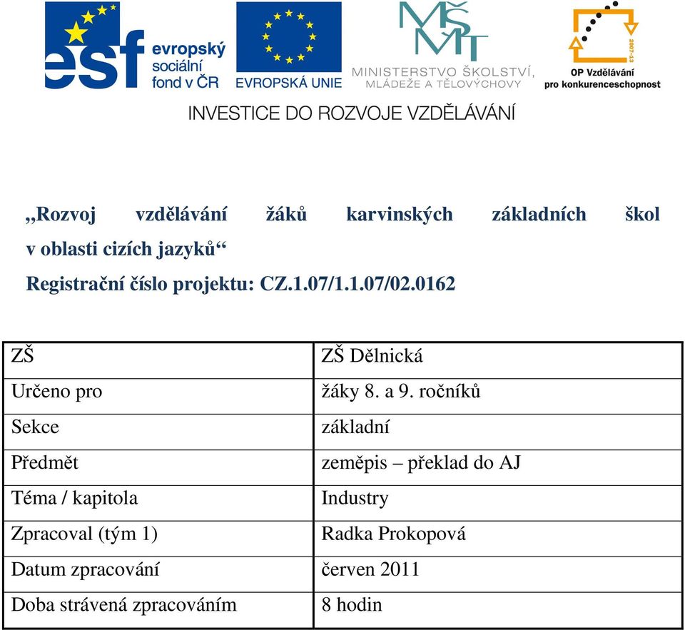 a 9. ročníků Sekce základní Předmět zeměpis překlad do AJ Téma / kapitola Industry