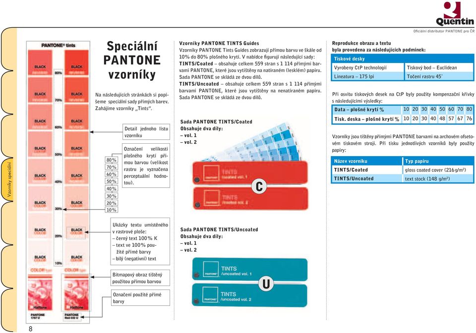 V nabídce figurují následující sady: TINTS/oated obsahuje celkem 559 stran s 1 114 přímými barvami PANTONE, které jsou vytištěny na natíraném (lesklém) papíru. Sada PANTONE se skládá ze dvou dílů.