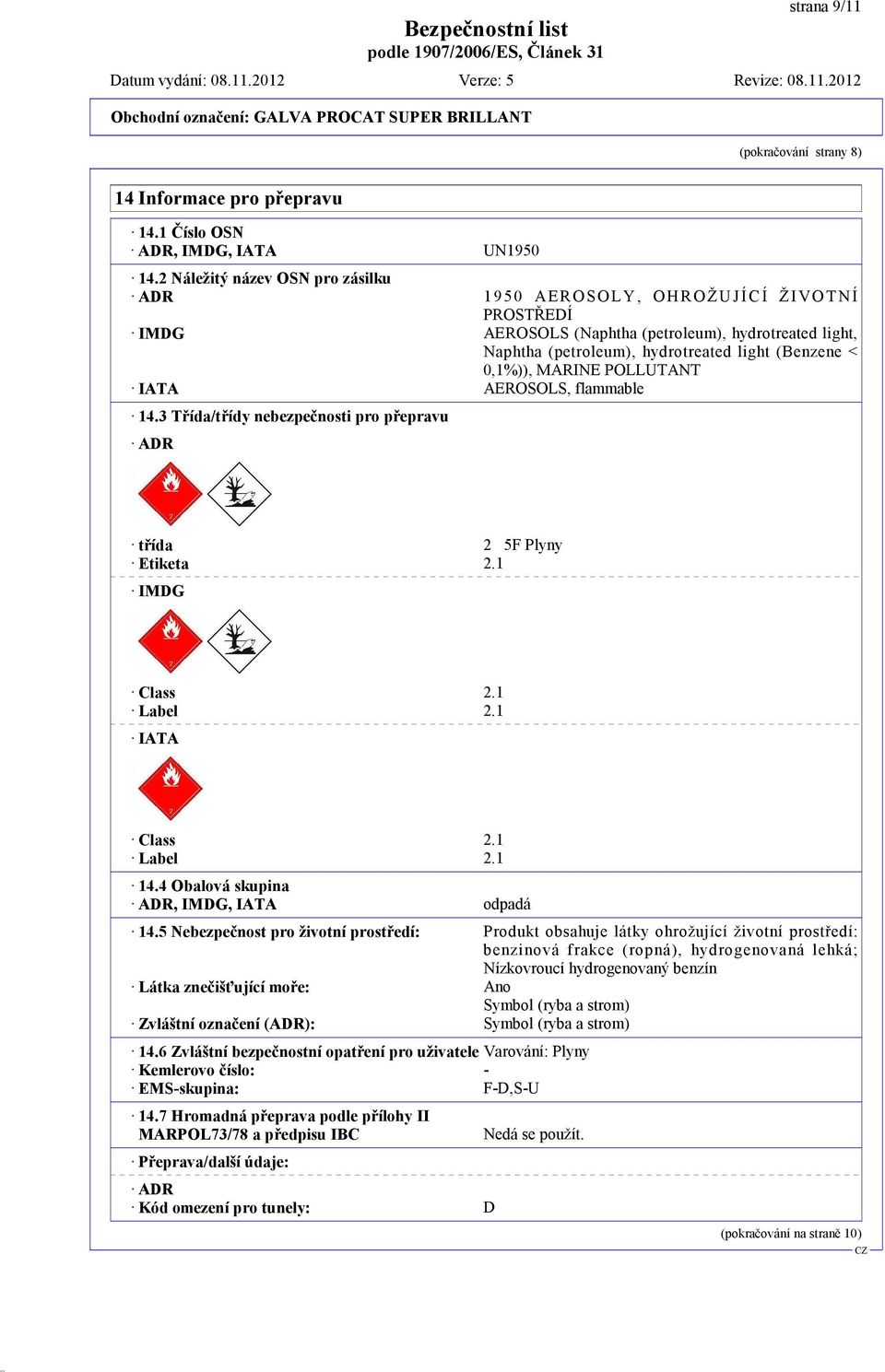 0,1%)), MARINE POLLUTANT IATA AEROSOLS, flammable 14.3 Třída/třídy nebezpečnosti pro přepravu ADR třída 2 5F Plyny Etiketa 2.1 IMDG Class 2.1 Label 2.1 IATA Class 2.1 Label 2.1 14.