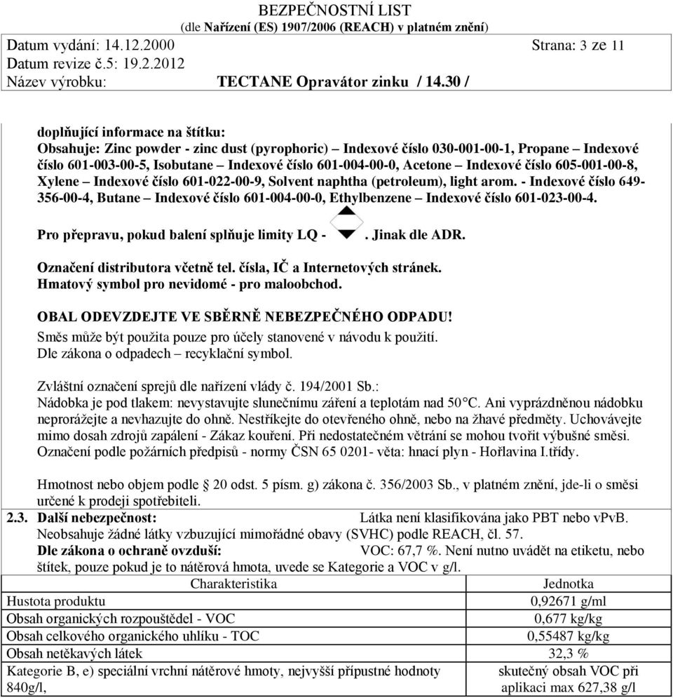 601-004-00-0, Acetone Indexové číslo 605-001-00-8, Xylene Indexové číslo 601-022-00-9, Solvent naphtha (petroleum), light arom.