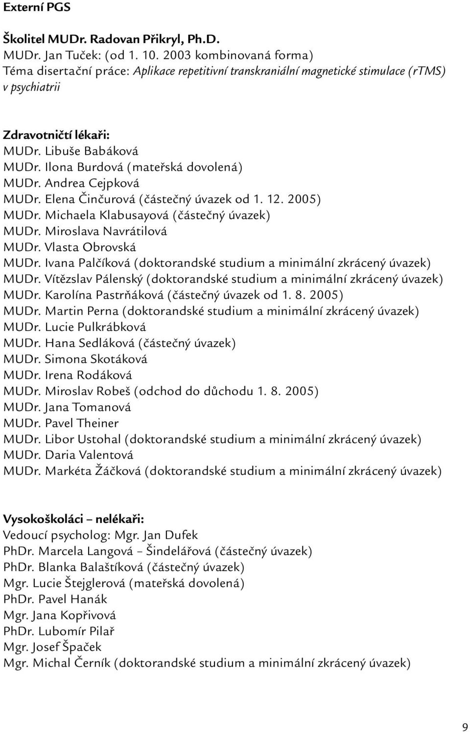 Ilona Burdová (mateřská dovolená) MUDr. Andrea Cejpková MUDr. Elena Činčurová (částečný úvazek od 1. 12. 2005) MUDr. Michaela Klabusayová (částečný úvazek) MUDr. Miroslava Navrátilová MUDr.