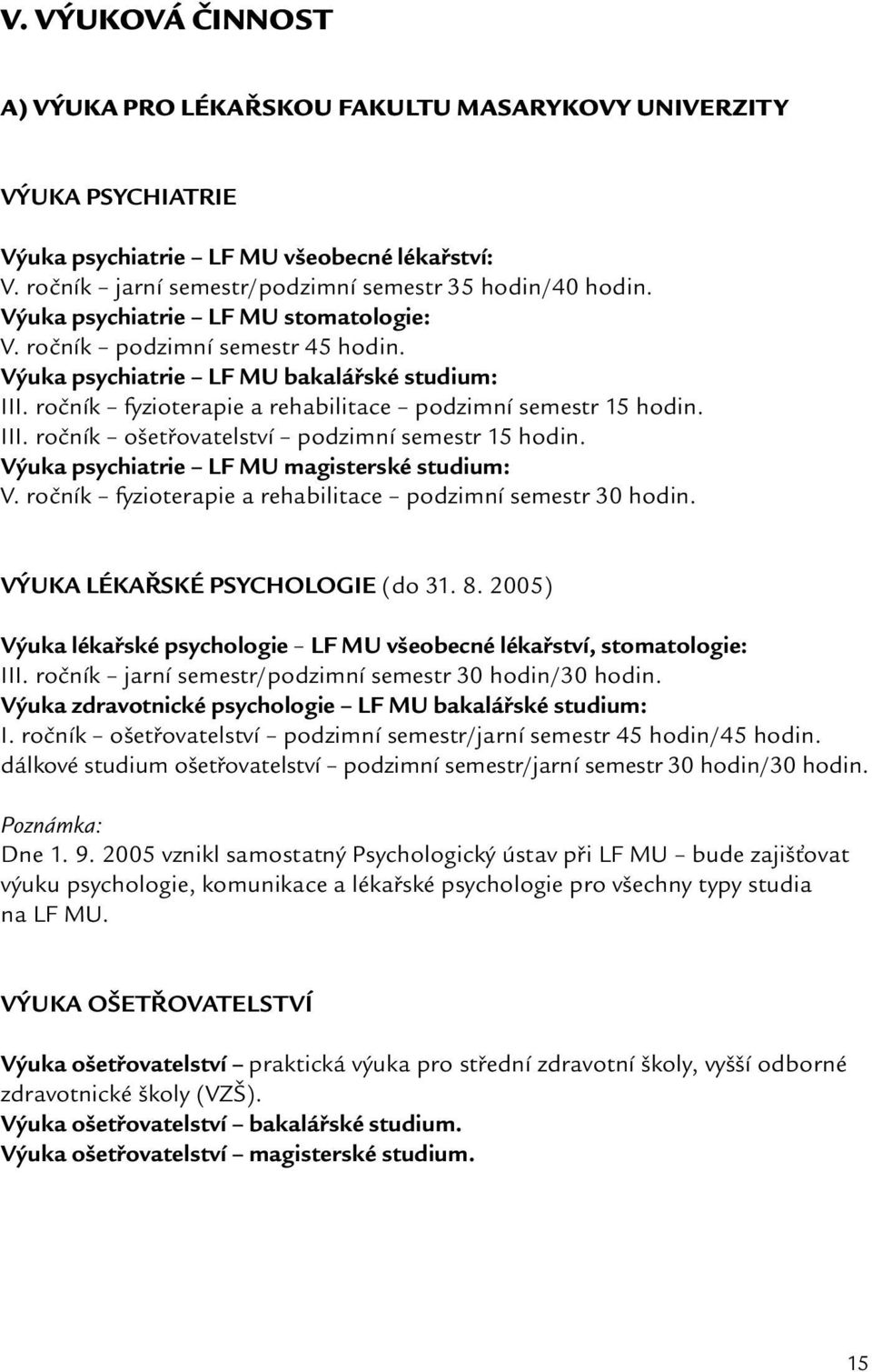 Výuka psychiatrie LF MU magisterské studium: V. ročník fyzioterapie a rehabilitace podzimní semestr 30 hodin. VÝUKA LÉKAŘSKÉ PSYCHOLOGIE (do 31. 8.