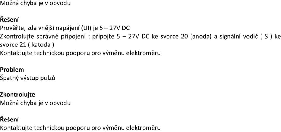 21 ( katoda ) Kontaktujte technickou podporu pro výměnu elektroměru Problem Špatný