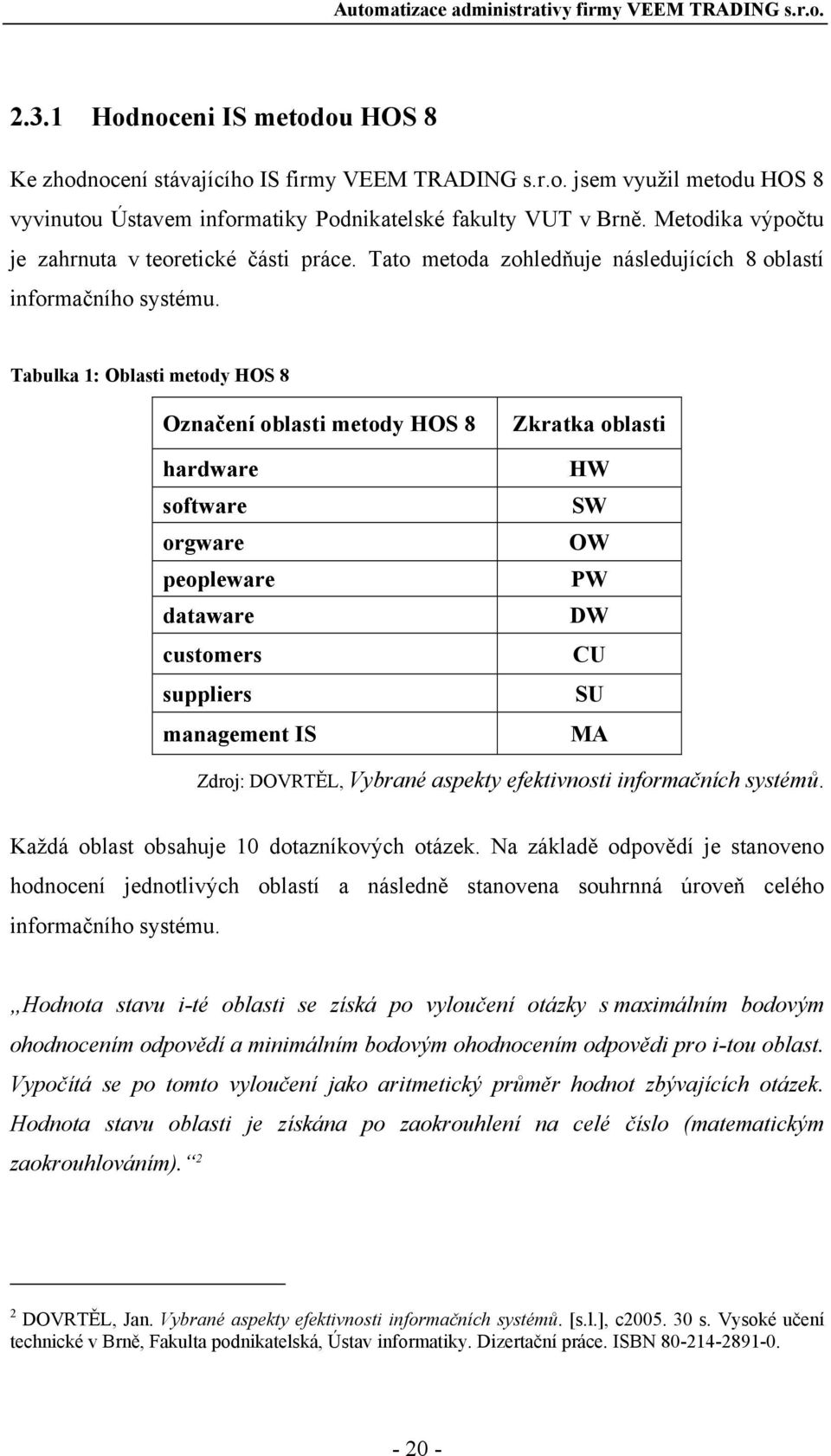 Tabulka 1: Oblasti metody HOS 8 Označení oblasti metody HOS 8 hardware software orgware peopleware dataware customers suppliers management IS Zkratka oblasti HW SW OW PW DW CU SU MA Zdroj: DOVRTĚL,