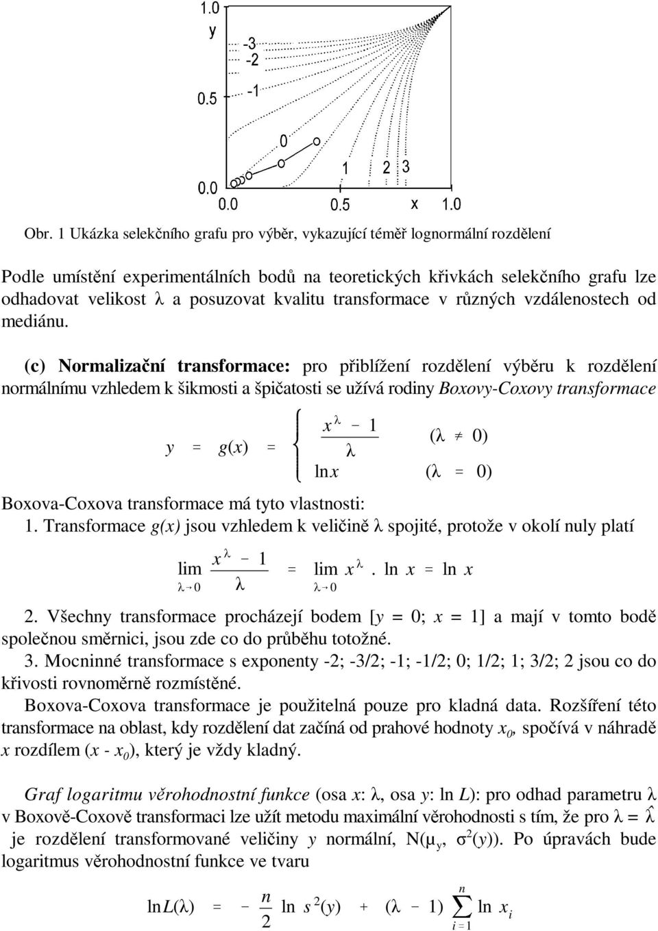 (c) Normalizační transformace: pro přiblížení rozdělení výběru k rozdělení normálnímu vzhledem k šikmosti a špičatosti se užívá rodiny Boxovy-Coxovy transformace y g(x) lim λ$0 x λ 1 λ x λ 1 λ (λ U