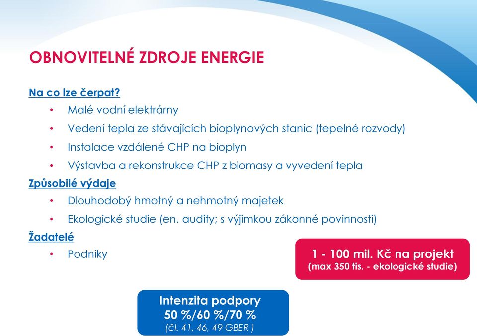 bioplyn Výstavba a rekonstrukce CHP z biomasy a vyvedení tepla Způsobilé výdaje Dlouhodobý hmotný a nehmotný majetek