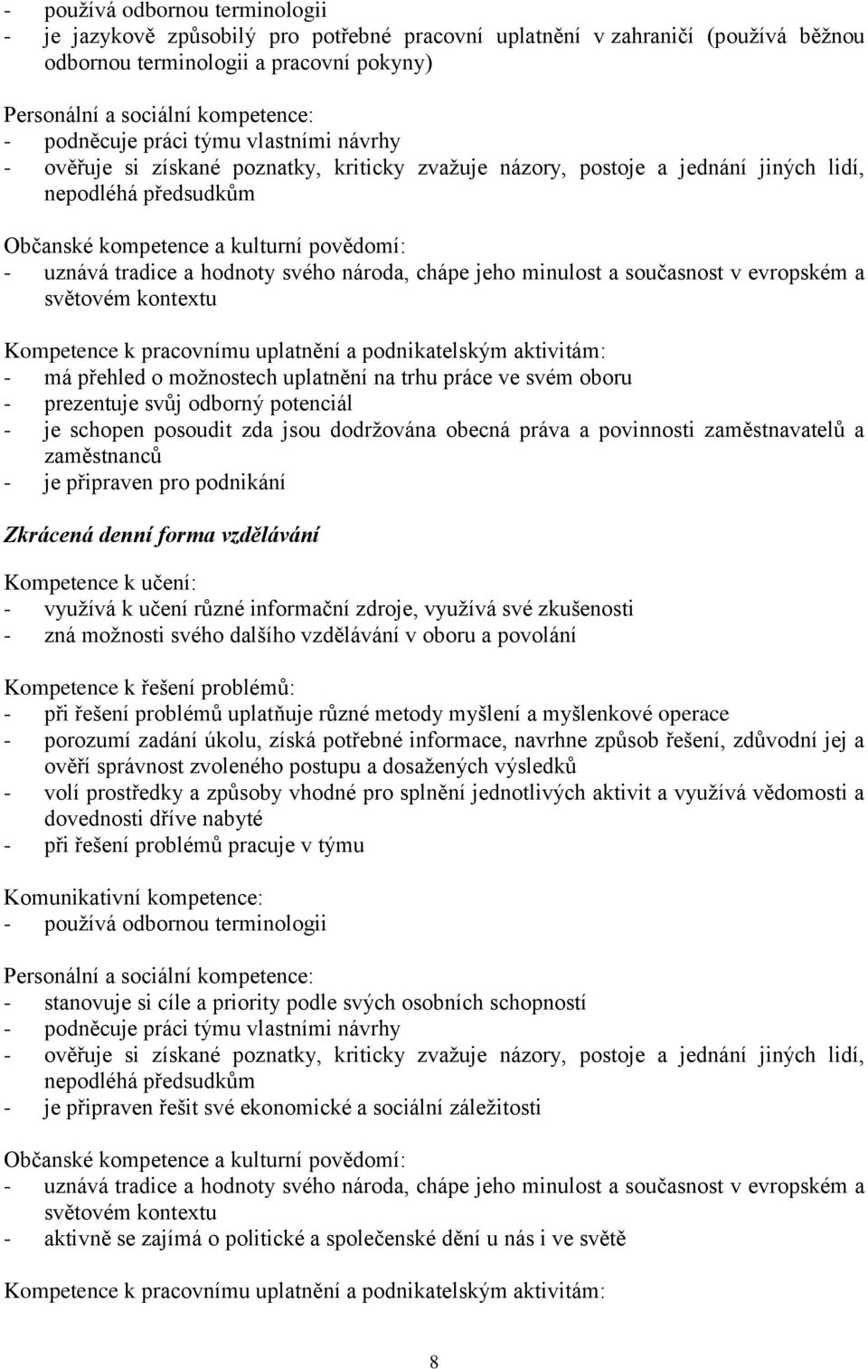 tradice a hodnoty svého národa, chápe jeho minulost a současnost v evropském a světovém kontextu Kompetence k pracovnímu uplatnění a podnikatelským aktivitám: - má přehled o možnostech uplatnění na