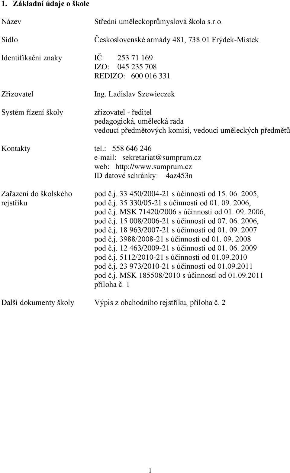 sumprum.cz ID datové schránky: 4az453n Zařazení do školského pod č.j. 33 450/2004-21 s účinností od 15. 06. 2005, rejstříku pod č.j. 35 330/05-21 s účinností od 01. 09. 2006, pod č.j. MSK 71420/2006 s účinností od 01.