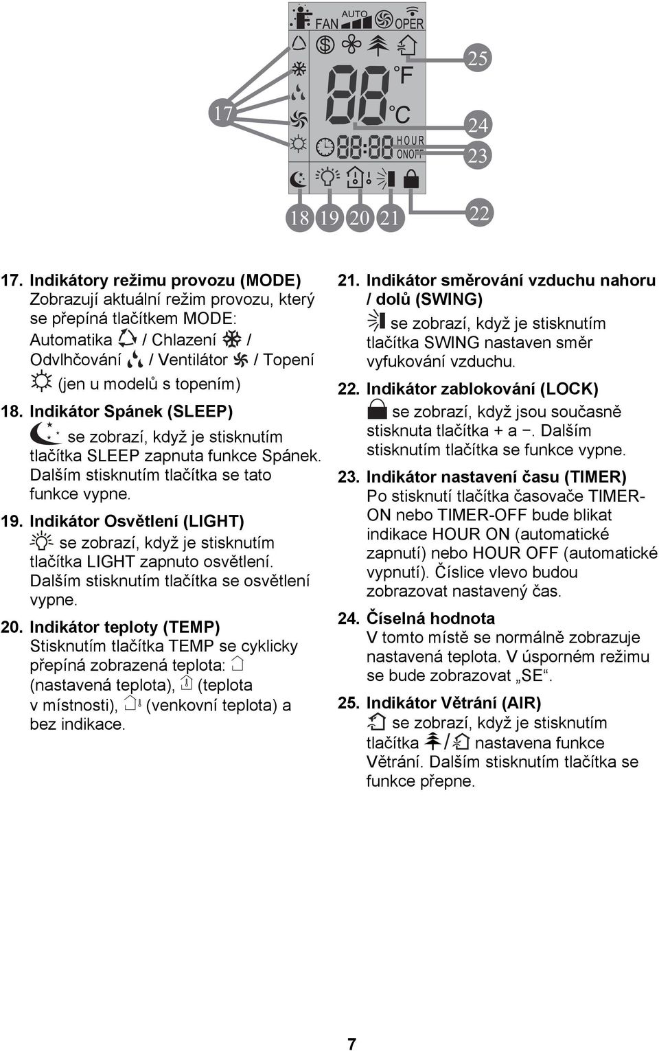 Indikátor Spánek (SLEEP) se zobrazí, když je stisknutím tlačítka SLEEP zapnuta funkce Spánek. Dalším stisknutím tlačítka se tato funkce vypne. 19.