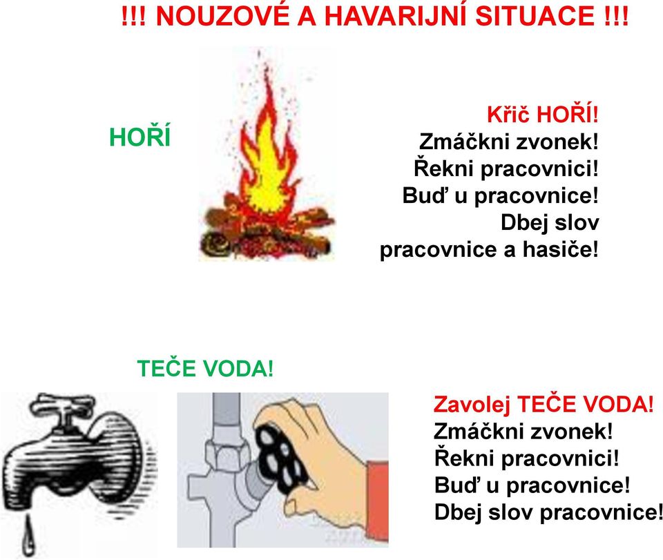 Dbej slov pracovnice a hasiče! TEČE VODA! Zavolej TEČE VODA!