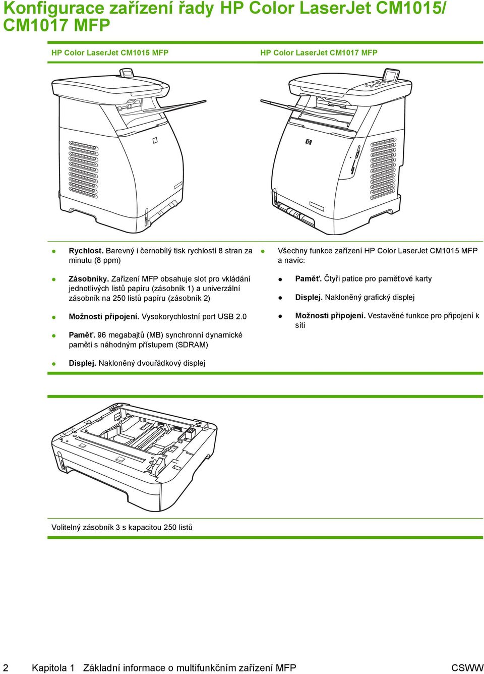 Zařízení MFP obsahuje slot pro vkládání jednotlivých listů papíru (zásobník 1) a univerzální zásobník na 250 listů papíru (zásobník 2) Paměť. Čtyři patice pro paměťové karty Displej.