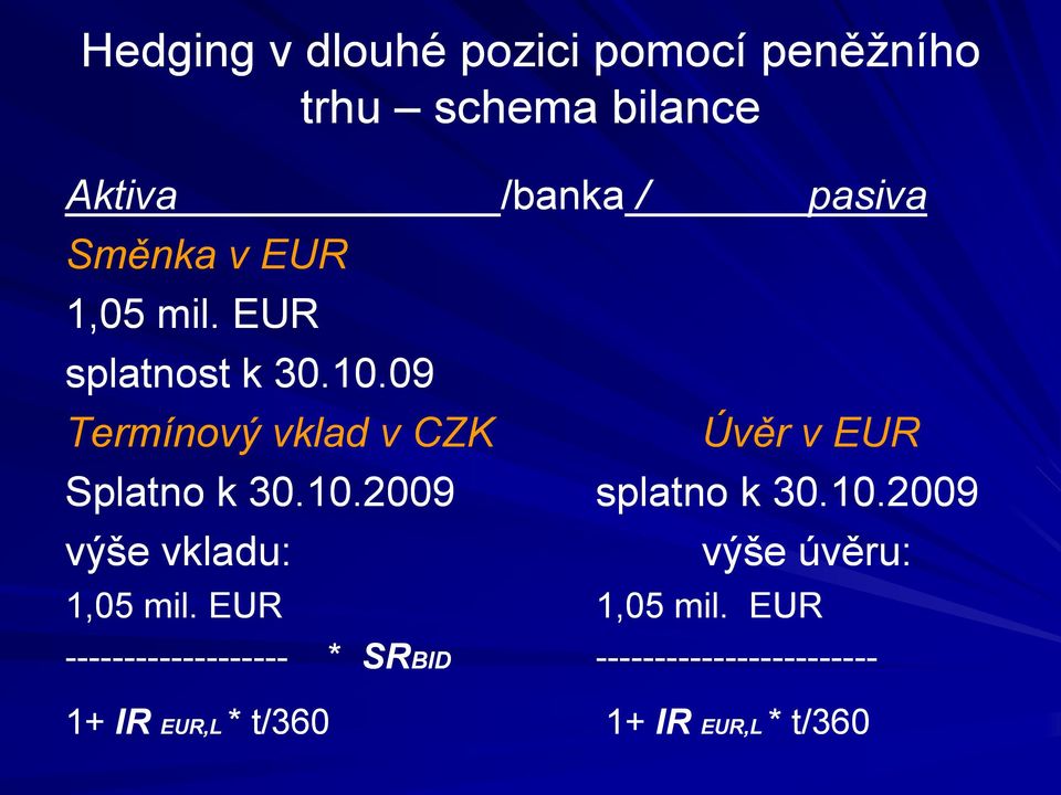 09 Termínový vklad v CZK /banka / pasiva Úvěr v EUR Splatno k 30.10.2009 splatno k 30.