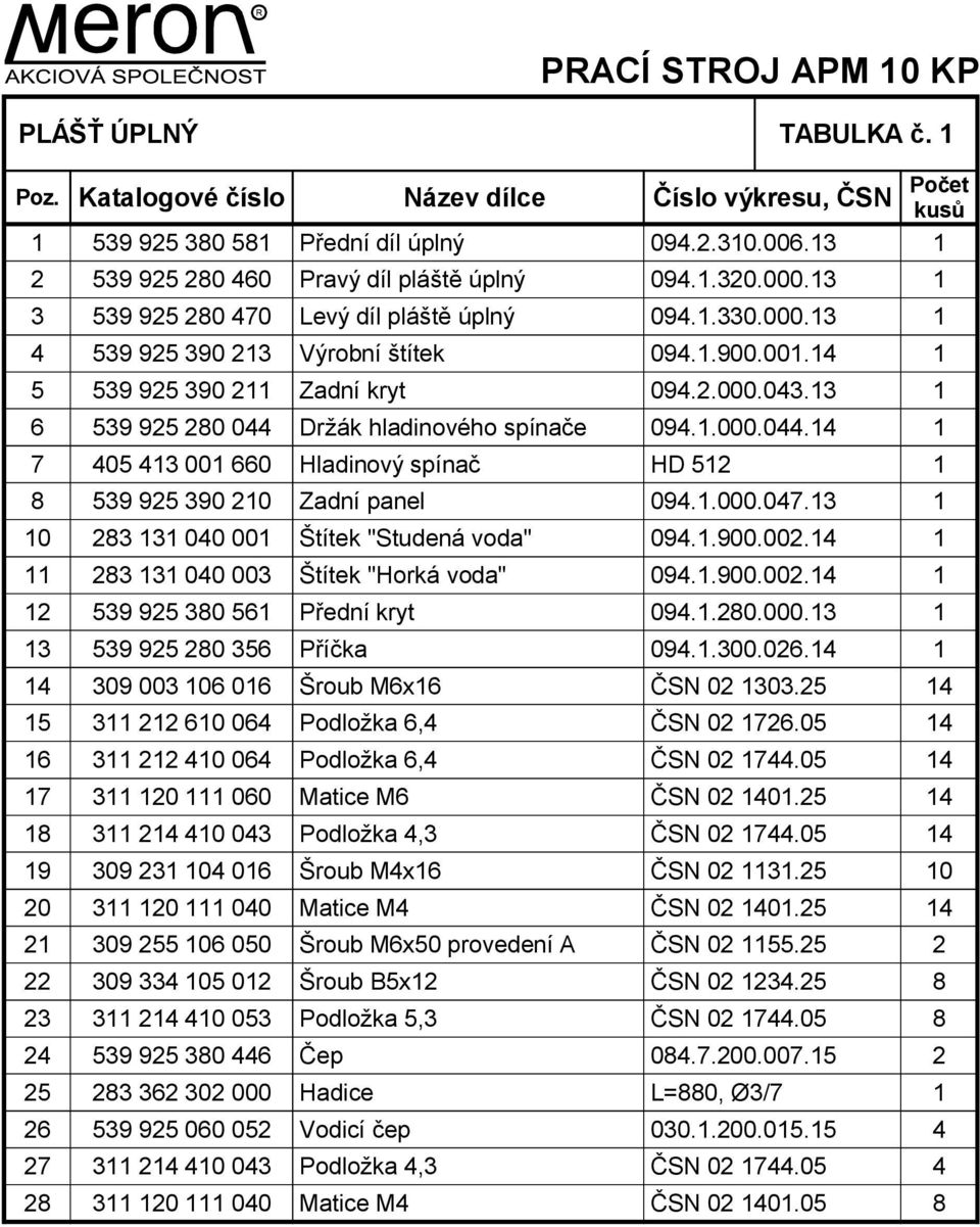 14 1 5 539 925 390 211 Zadní kryt 094.2.000.043.13 1 6 539 925 280 044 Držák hladinového spínače 094.1.000.044.14 1 7 405 413 001 660 Hladinový spínač HD 512 1 8 539 925 390 210 Zadní panel 094.1.000.047.