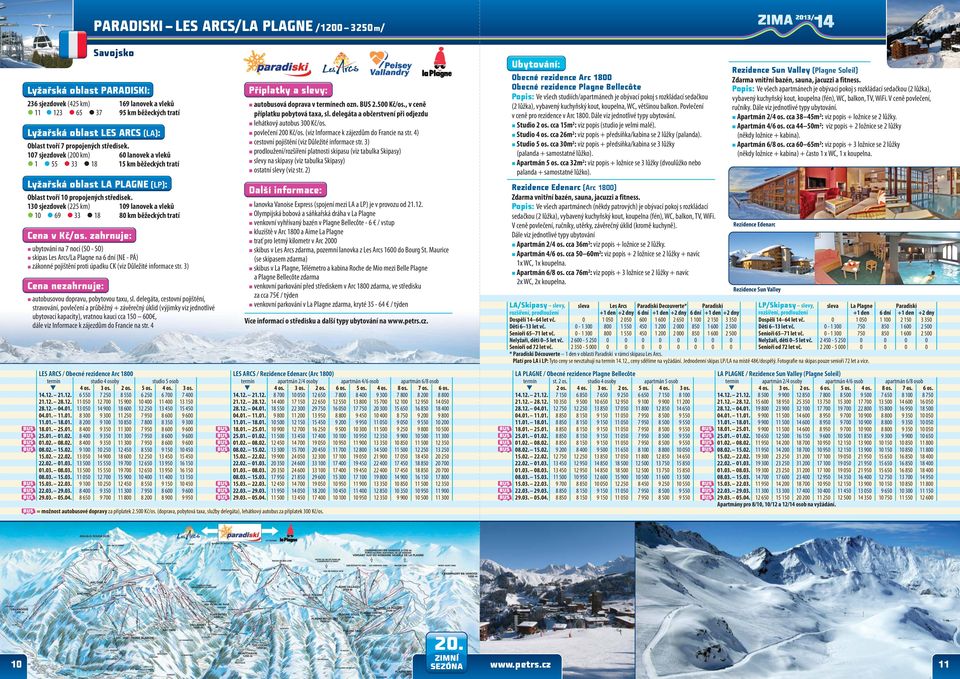 10 sjezdovek (225 km) 109 lanovek a vleků 10 69 18 80 km běžeckých tratí ubytování na 7 nocí (SO - SO) skipas Les Arcs/La Plagne na 6 dní (NE - PÁ) zákonné pojištění proti úpadku CK (viz Důležité