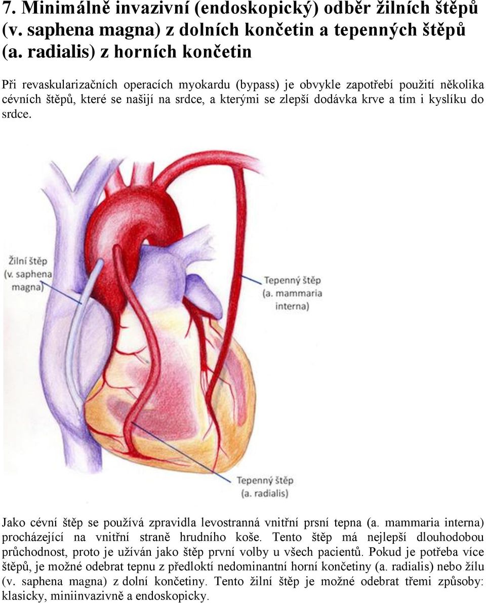 kyslíku do srdce. Jako cévní štěp se používá zpravidla levostranná vnitřní prsní tepna (a. mammaria interna) procházející na vnitřní straně hrudního koše.