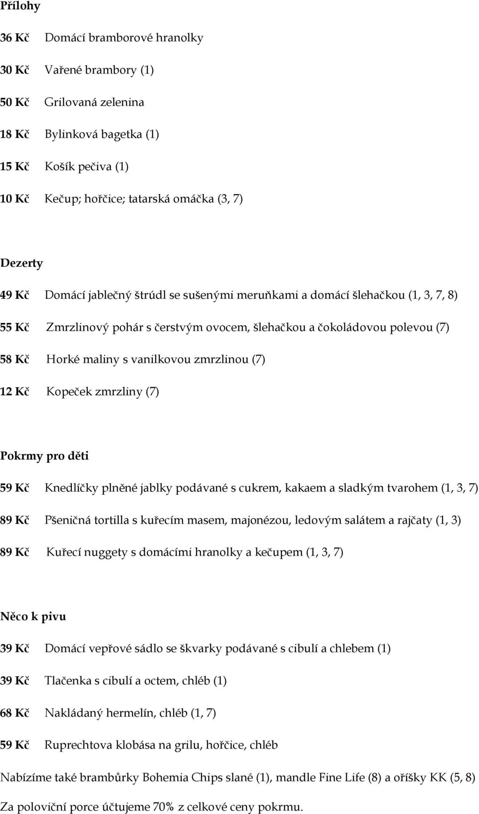 (7) 12 Kč Kopeček zmrzliny (7) Pokrmy pro děti 59 Kč Knedlíčky plněné jablky podávané s cukrem, kakaem a sladkým tvarohem (1, 3, 7) 89 Kč Pšeničná tortilla s kuřecím masem, majonézou, ledovým salátem