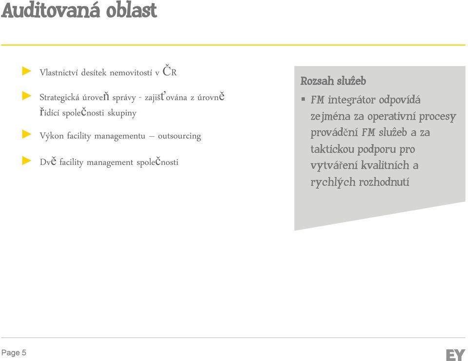 facility management společnosti Rozsah služeb FM integrátor odpovídá zejména za operativní