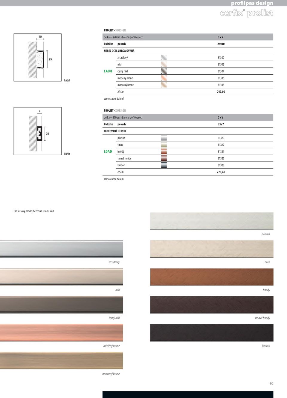 DESIGN délka = 270 cm - baleno po 10kusech D x Položka povrch 25x7 ELOXOANÝ platina 31320 titan 31322 LDAD LDAD hnědý 31324