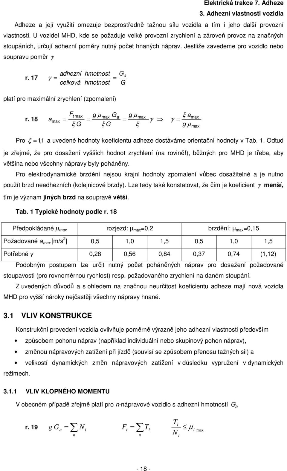 7 γ adhezní celová hmotnost hmotnost Ga G latí ro imální zrychlení (zomalení) r. 8 a F t ξ G g µ ξ G G a g µ ξ γ ξ a γ g µ Pro ξ, a uvedené hodnoty oeficientu adheze dostáváme orientační hodnoty v ab.
