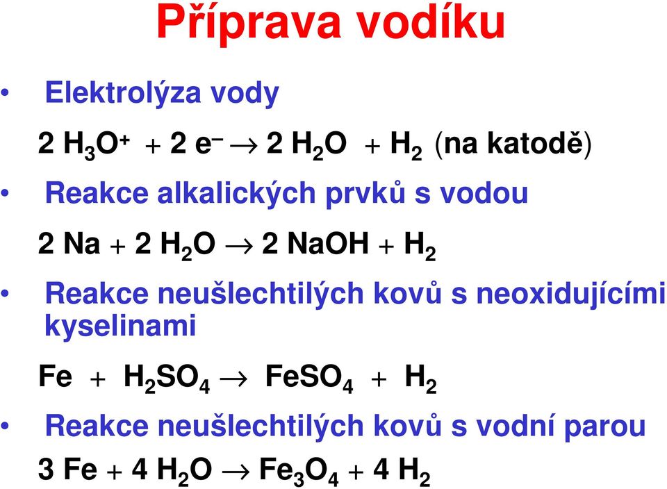 Reakce neušlechtilých kovů s neoxidujícími kyselinami Fe + H 2 SO 4 FeSO